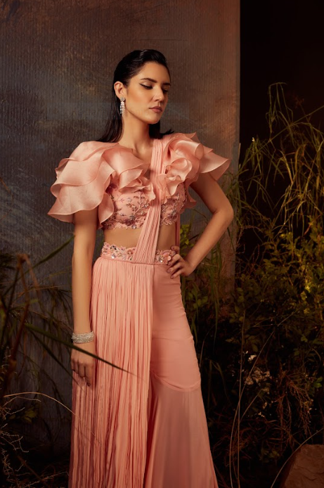 Embroidered ruffle shoulder pants saree set