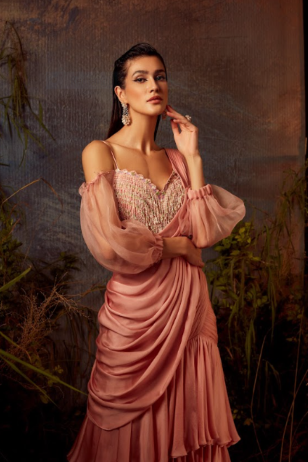 AKIRA Embroidered tassled blouse with ruffle layer lehenga set