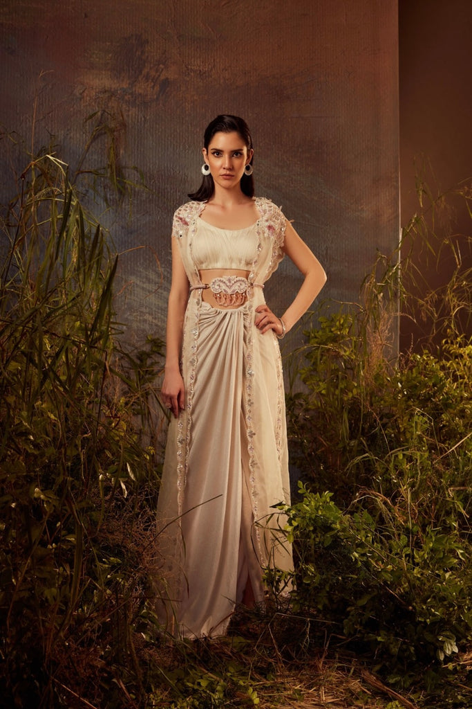 Embroidered ivory cape set