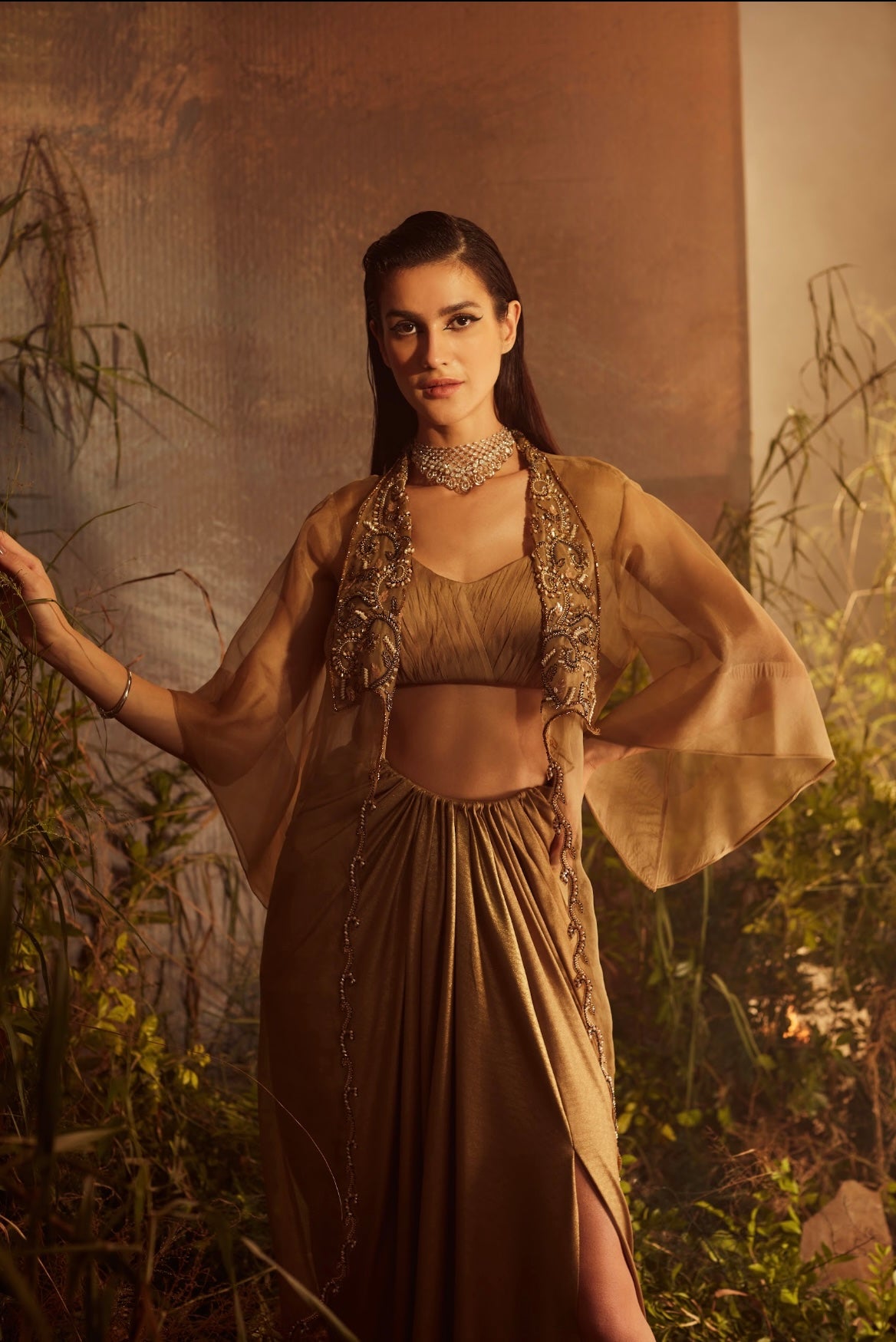 Embroidered cape with drape skirt set