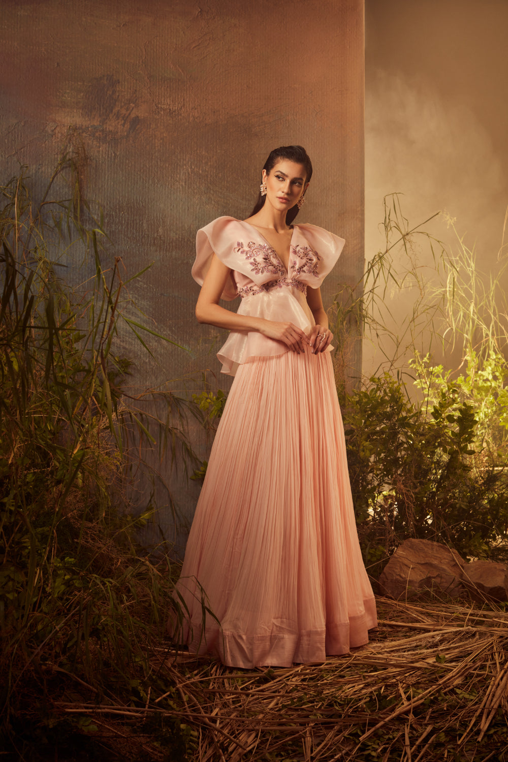 IRA - Embroidered structured shoulder peplum top with lehenga set