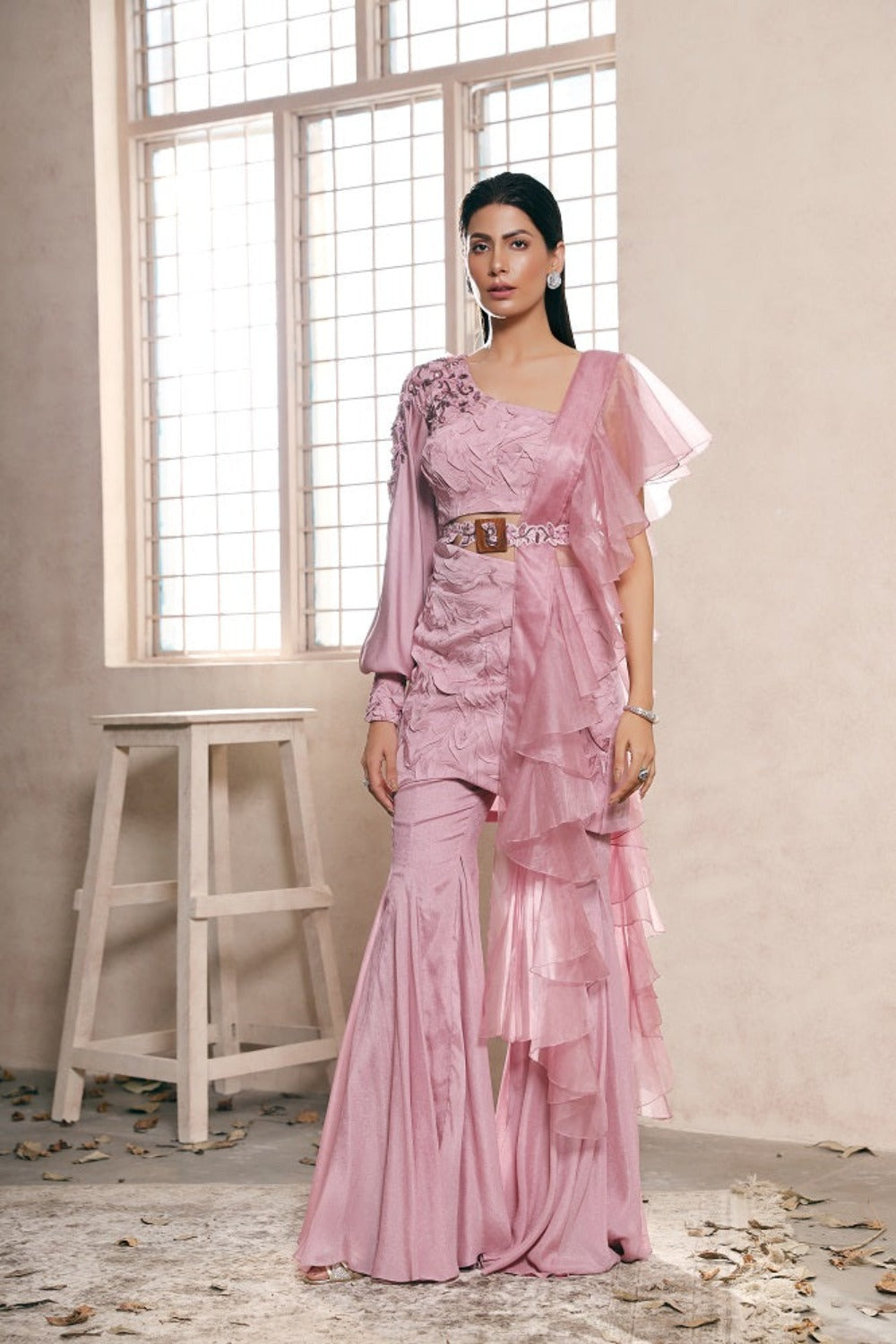 Lilac Flare cut pants with Embroidered tunic and organza ruffle dupatta