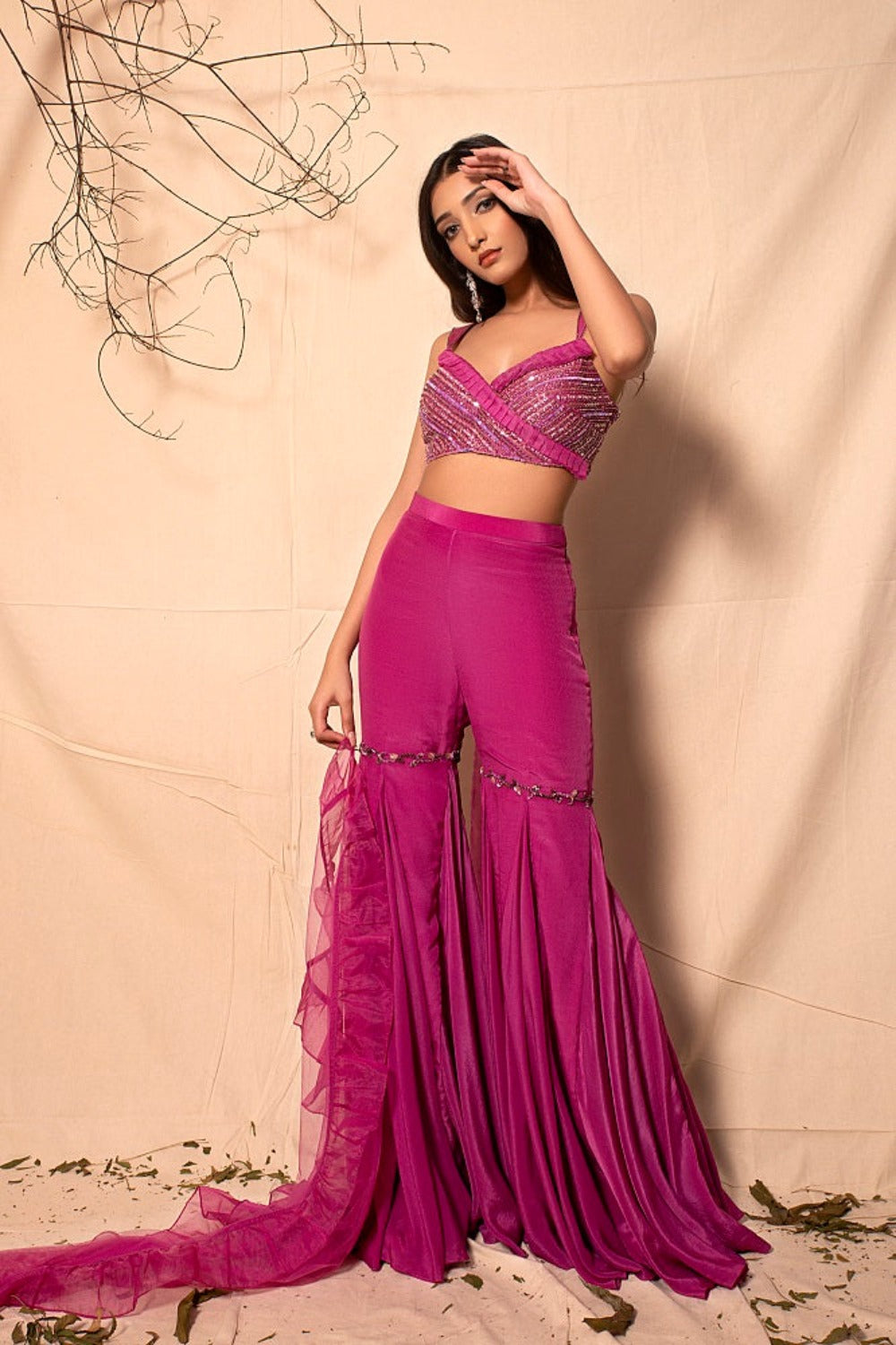 Mulberry Pink Sharara with Hand Embroidered Bralette with Ruffle Dupatta