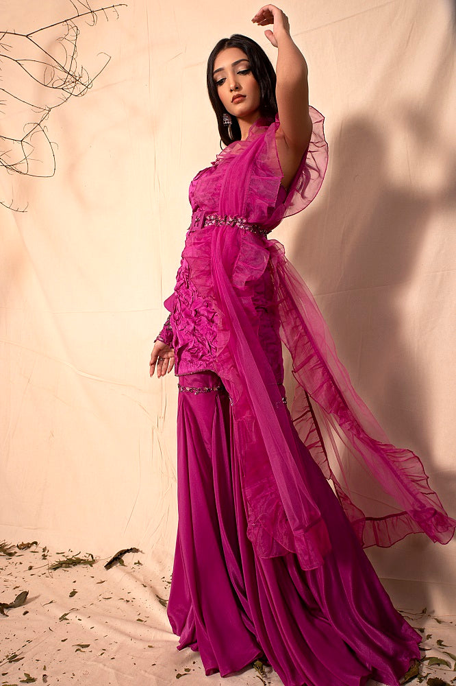 Mulberry Pink Knee Length textured tunic with Sharara and ruffle dupatta