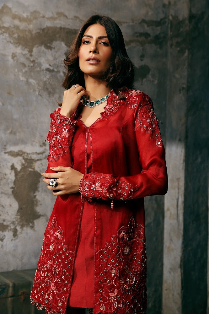 Red Organza Hand Embroidered tunic with pants set