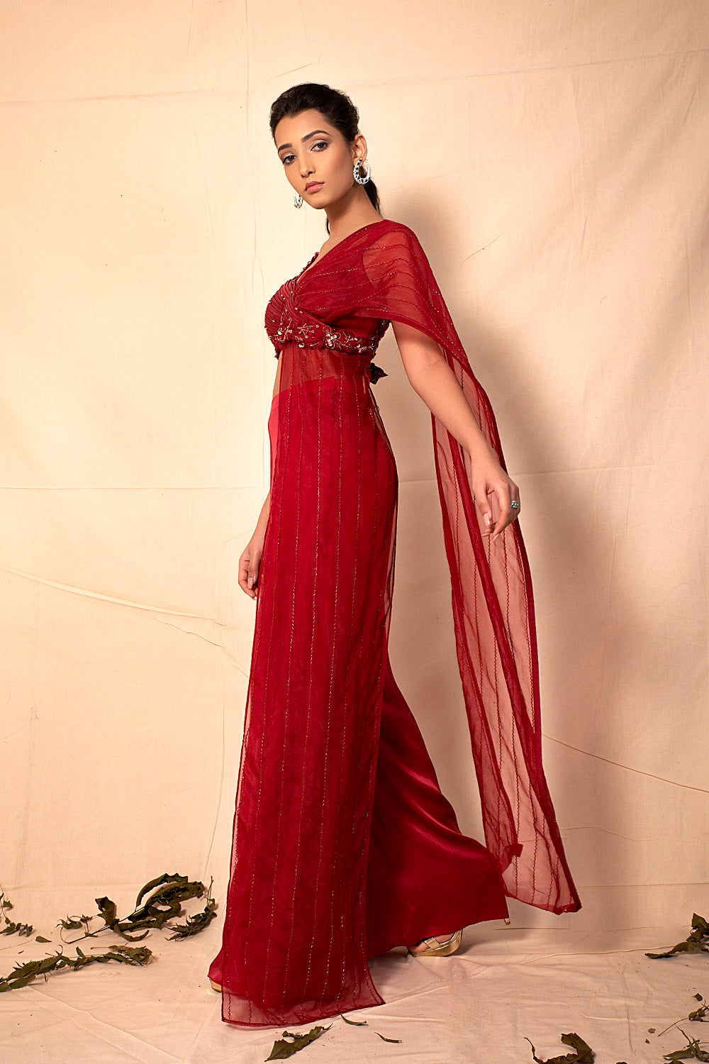 Ruby Red plazzo Pants with Hand Embroidered Drape Pallu and Blouse set