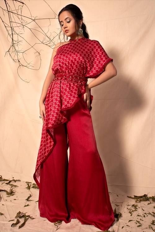 Ruby Red Printed one Shoulder Cape and Pants set with Embroidered Waist belt set