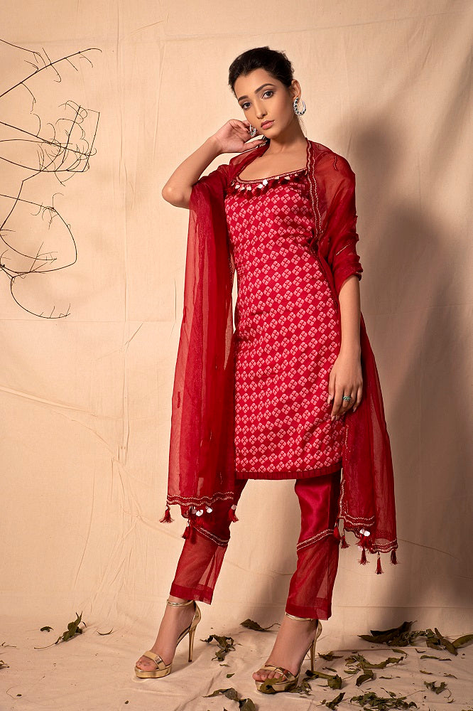 Ruby Red printed Strap suit with Pants, embroidered neckline and Embroidered Dupatta set
