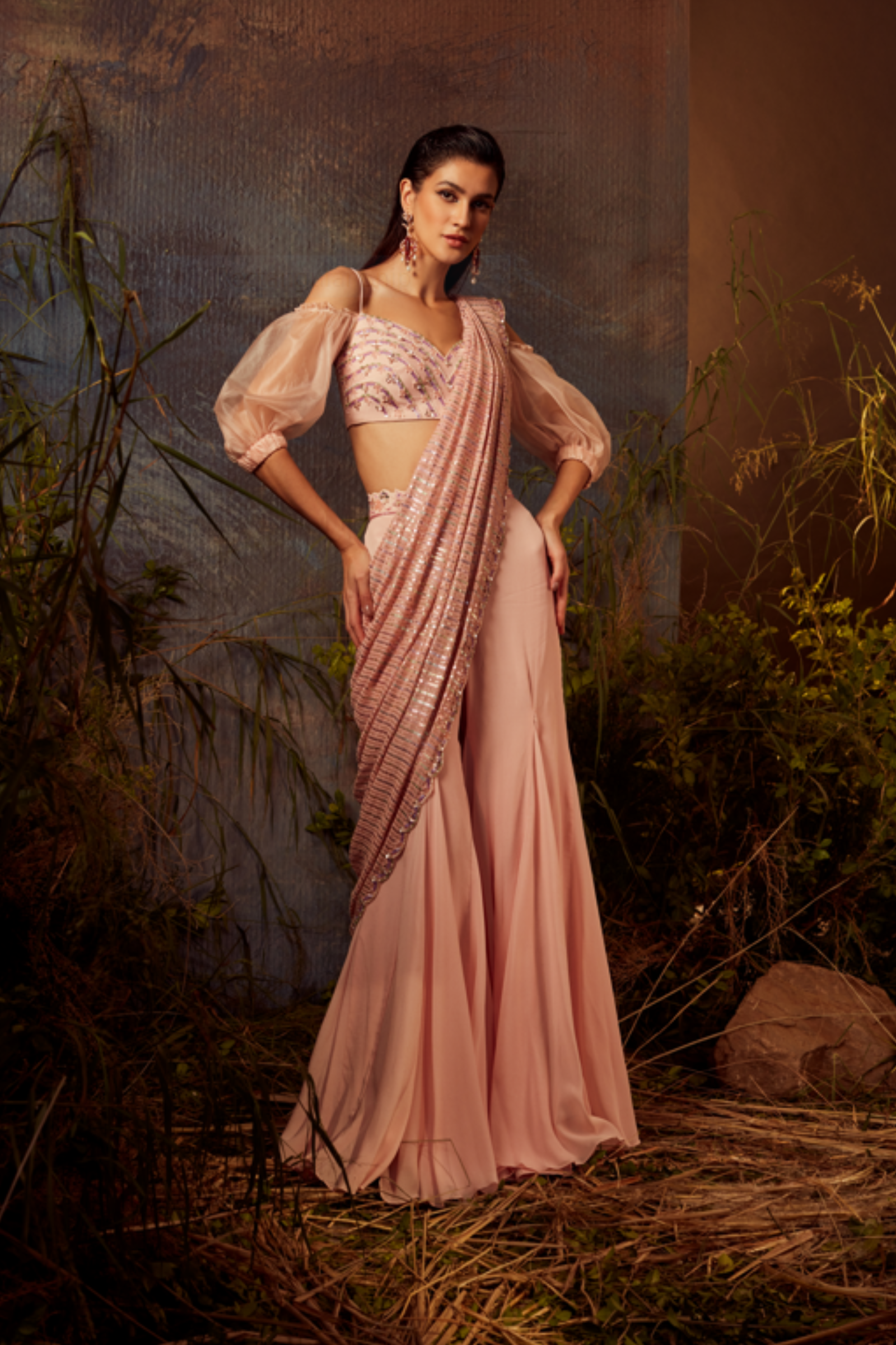 Embroidered off shoulder blouse pants saree