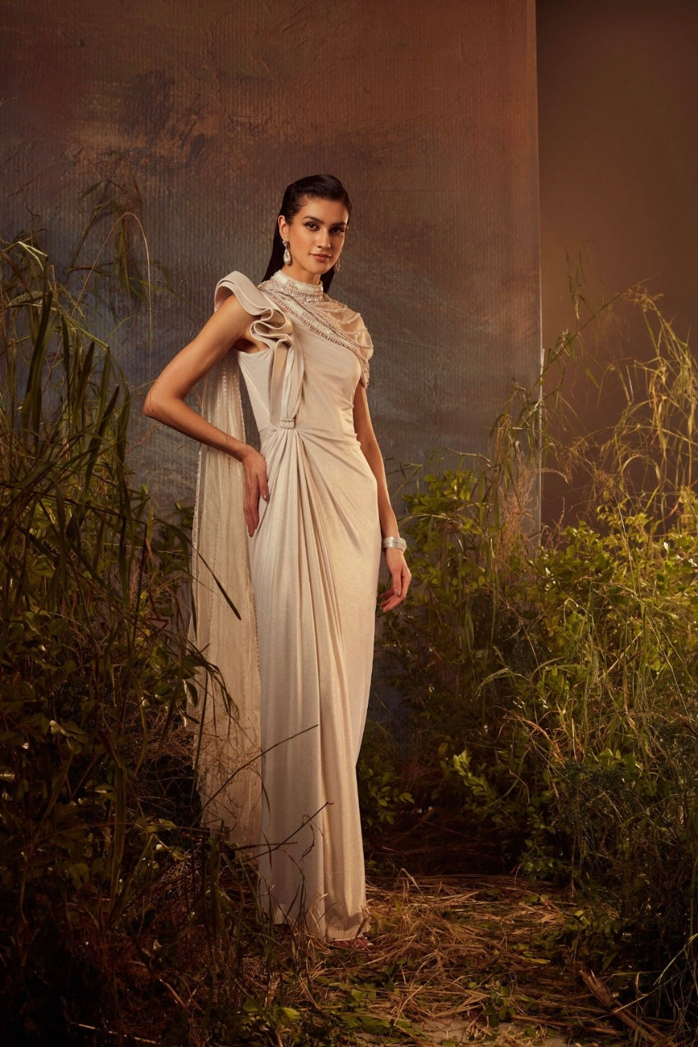 Embroidered cape with drape saree gown set