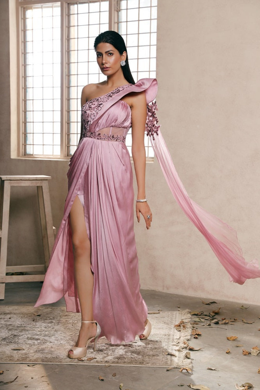 Lilac Satin Pre Constructed Slit Saree - Dheeru Taneja