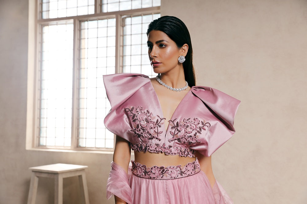 Lilac Taffeta Silk Embroidered blouse with Lehenga set