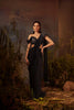 Mid night blue embroidered off shoulder blouse with saree set