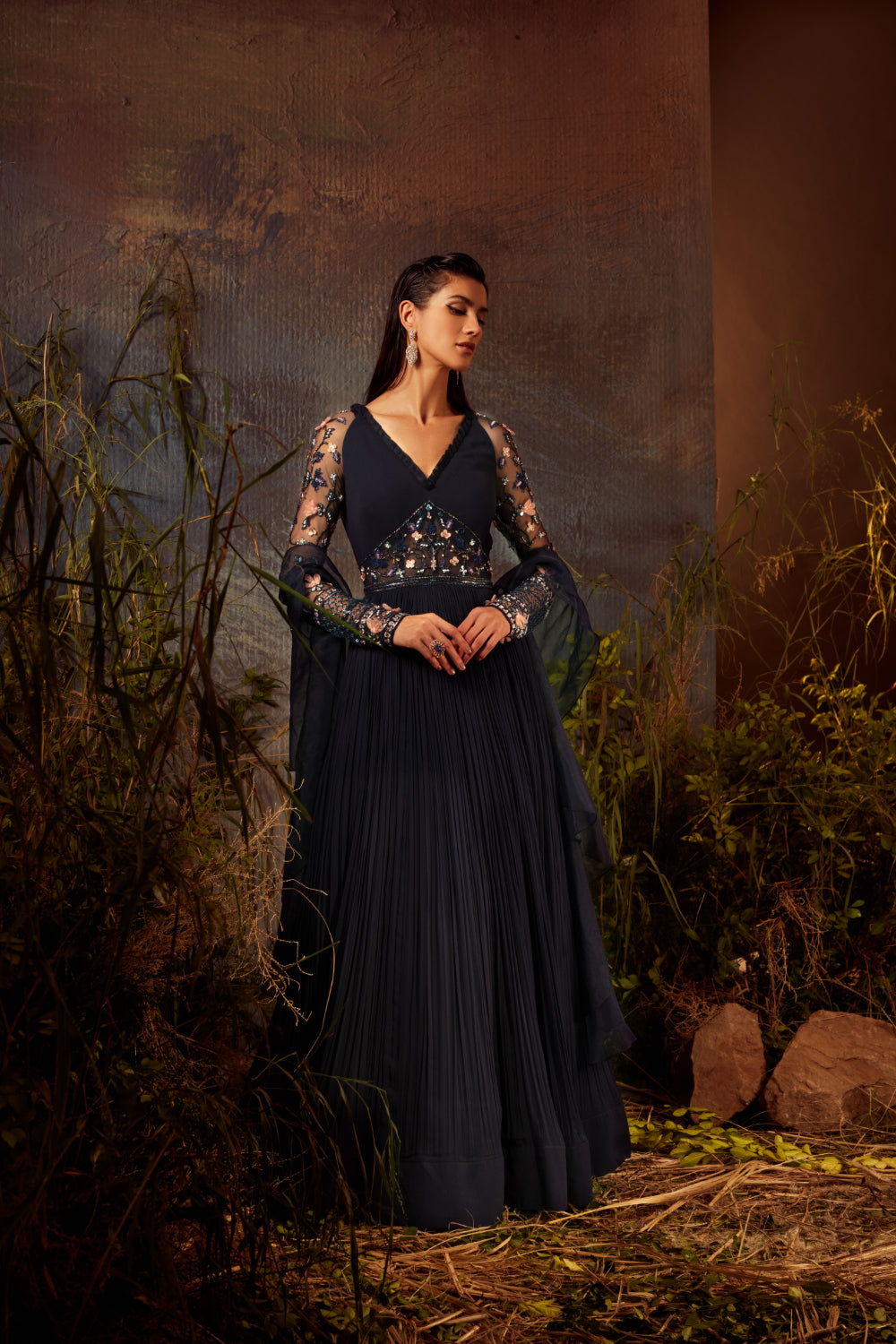 Mid night blue embroidered yoke floor length gown with dupatta