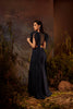 Mid night blue ruffle blouse pants saree set