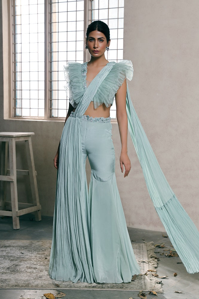 Mint organza ruffle blouse with bell bottom pants style saree set (RTS)