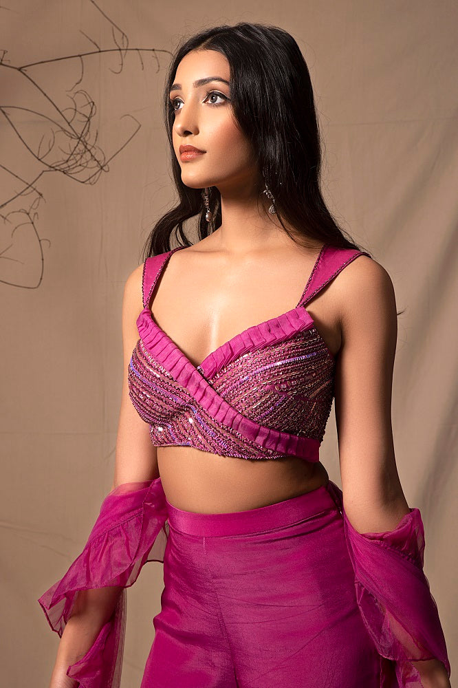 Mulberry Pink Sharara with Hand Embroidered Bralette with Ruffle Dupat -  Dheeru Taneja