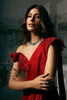 Red Pre stitched drape saree with hand Embroidered blouse and Tassled Pallu set (RTS)