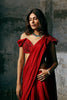 Red Pre stitched drape saree with hand Embroidered blouse and Tassled Pallu set (RTS)