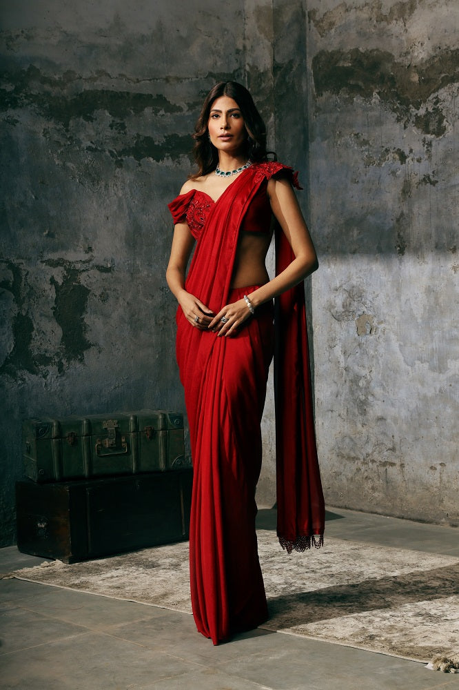 Red Pre stitched drape saree with hand Embroidered blouse and Tassled Pallu set (RTS)