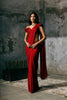Red Pre stitched drape saree with hand Embroidered blouse and Tassled Pallu set (RTS)