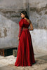 Red printed yoke full length gown with dupatta set