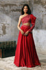 Red printed yoke full length gown with dupatta set