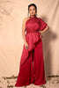 Ruby Red Printed one Shoulder Cape and Pants set with Embroidered Waist belt set
