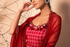 Ruby Red printed Strap suit with Pants, embroidered neckline and Embroidered Dupatta set
