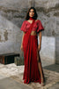 Ruby red slit pre stiched saree with printed balloon sleeves blouse