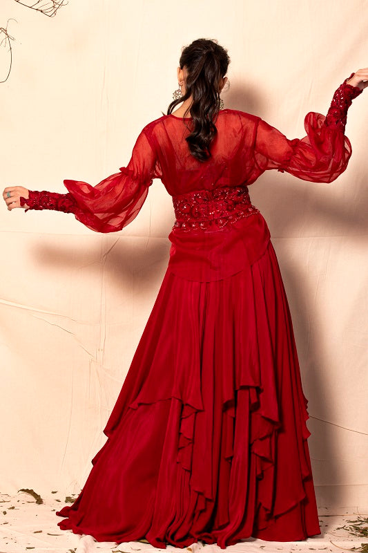 Scarlet Red Organza Jacket with Multi Asymmetric Layer Lehenga set